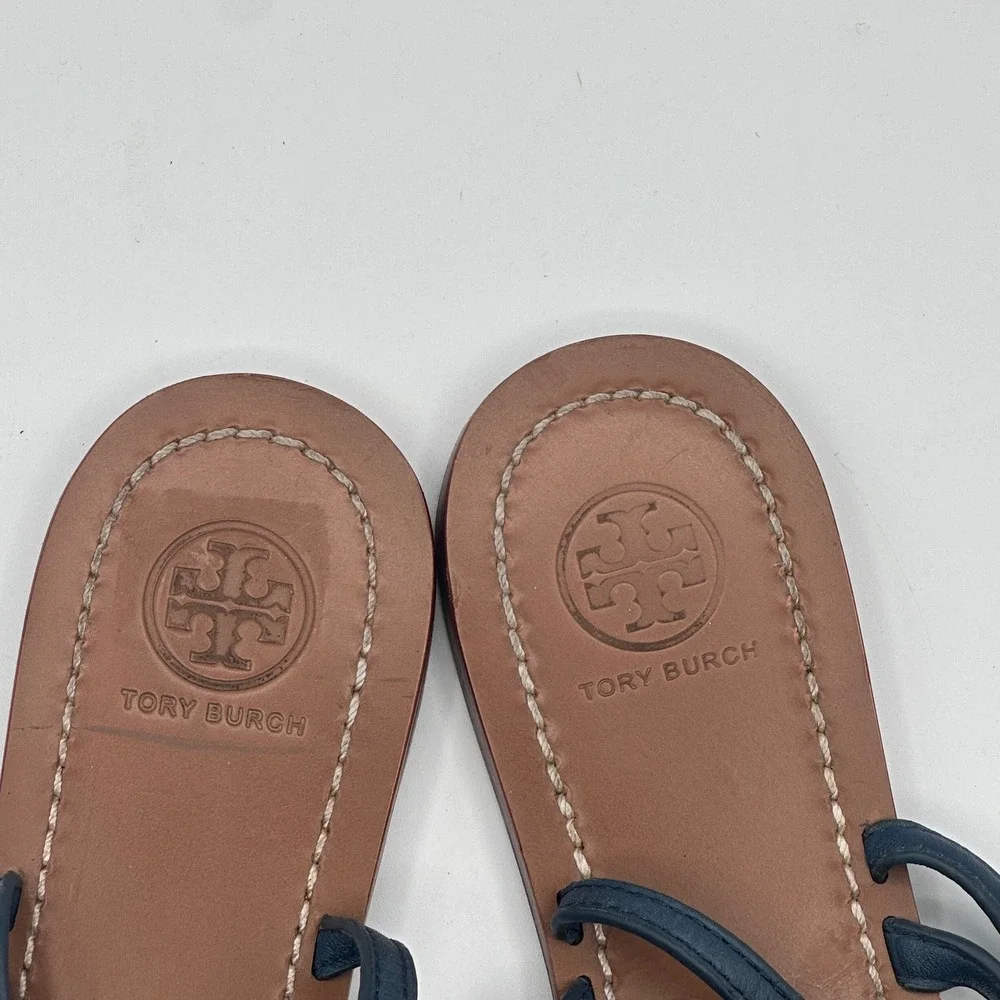 Tory Burch Leticia Strappy Sandal Womens 8.5 Navy Blue Leather Gold Flat Thong